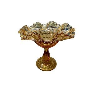 Vintage Fenton Hobnail Ruffled Edge Compote Art Glass Honey Amber Size 7"